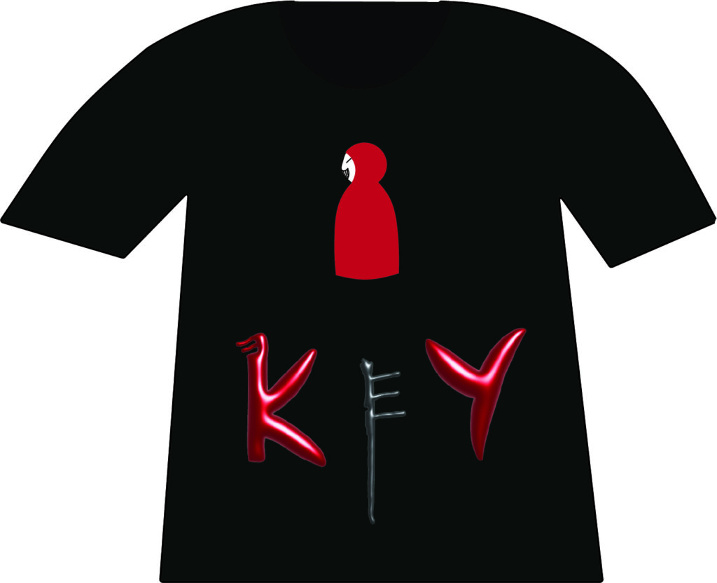 Black t-shirt with minimal Little Red Riding Hood design and glossy balloon-style “KeY” logo featuring a metallic key