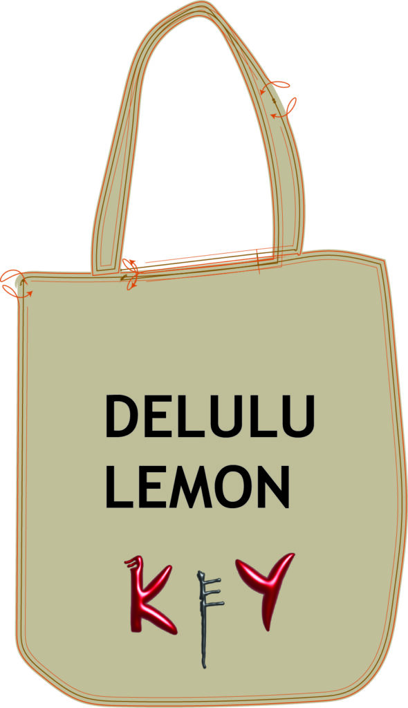 Beige tote bag with black text reading “DELULU LEMON” and red/grey KeY logo at the bottom