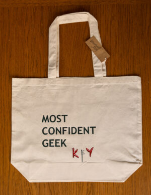 Beige Tote Bag β Most Confident Geek β KeY Logo