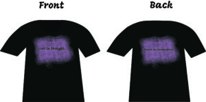 Double-sided black t-shirt with purple spray background. βLost in thoughtβ¦β in the front. β...Found in conversationβ on the back.