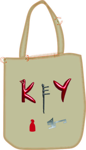 Beige tote with KeY logo on top, and little red keyhole + wolf key aligned underneath