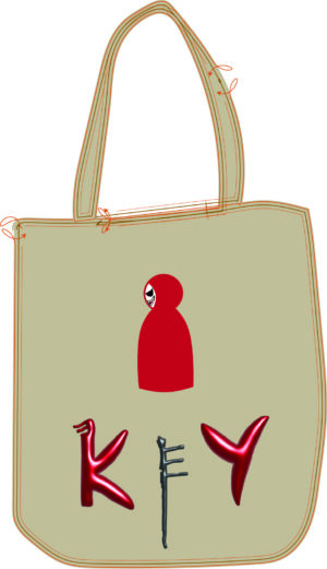 Beige tote bag with little red on top and KeY logo positioned beneath it like a symbolic socket and key