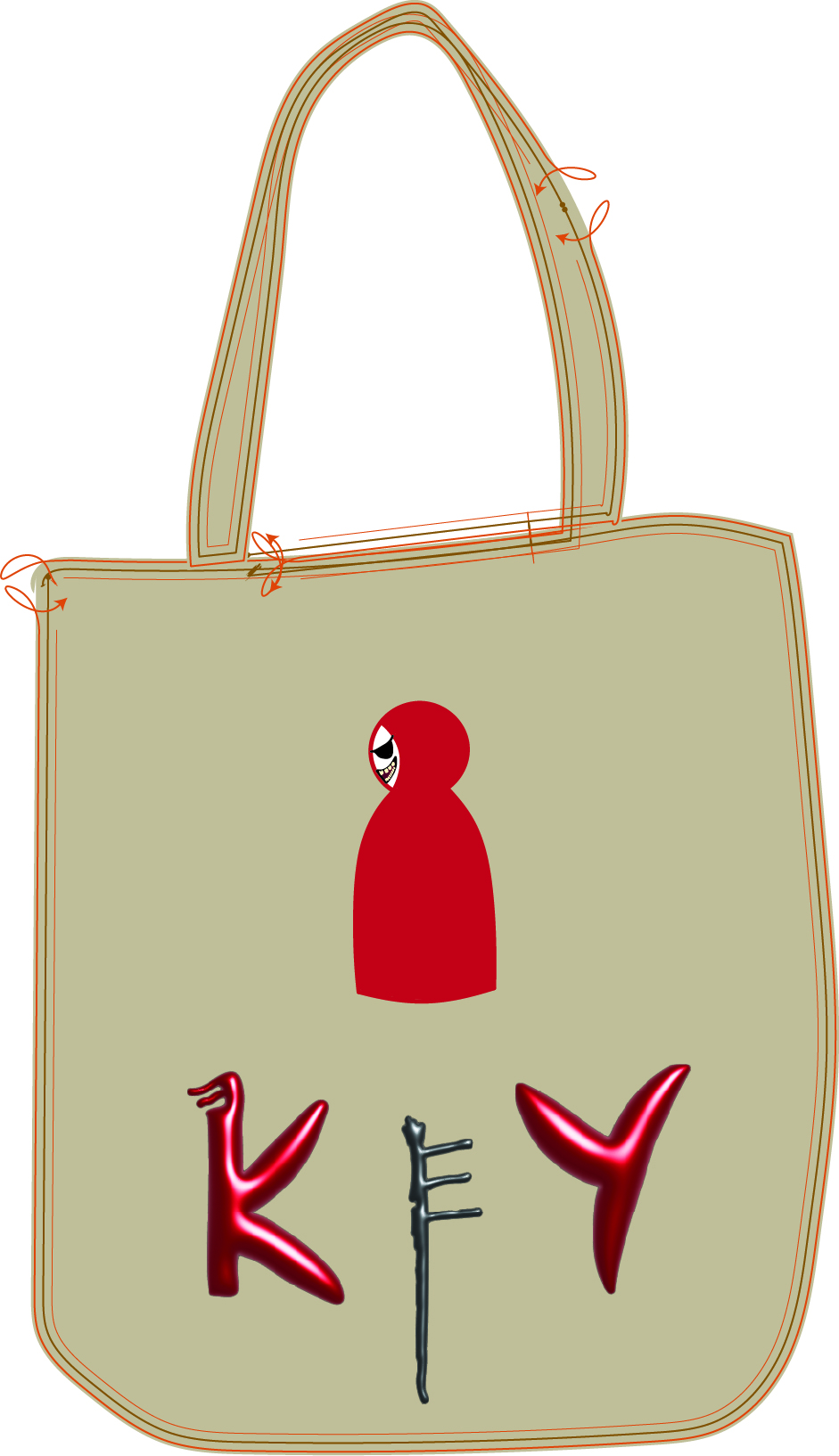 Beige tote bag with little red on top and KeY logo positioned beneath it like a symbolic socket and key