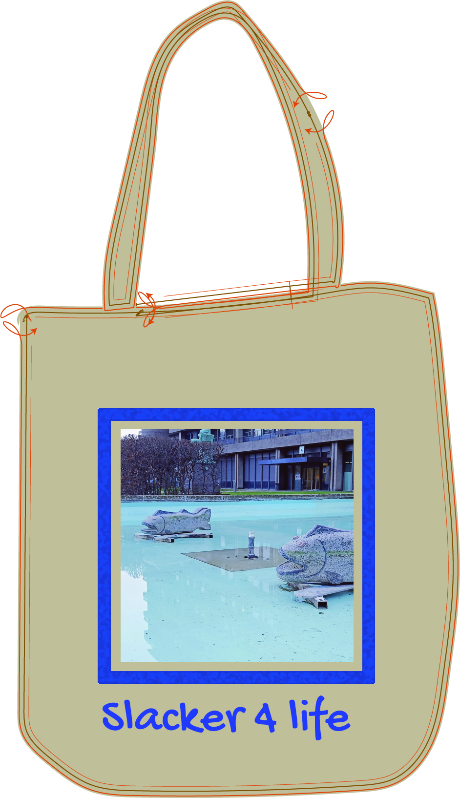 Beige tote bag with a framed photo of two stone fish sculptures in a blue fountain pool, titled “Slacker 4 Life”